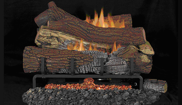 A log set with fire burning in it.