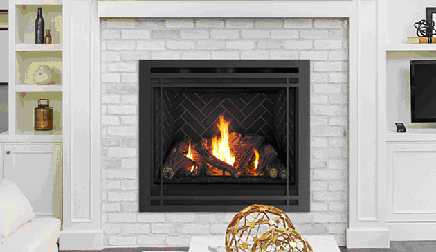 A fireplace with a basket on top of it.