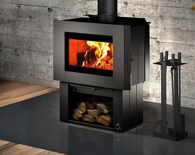A wood burning stove with the door open.